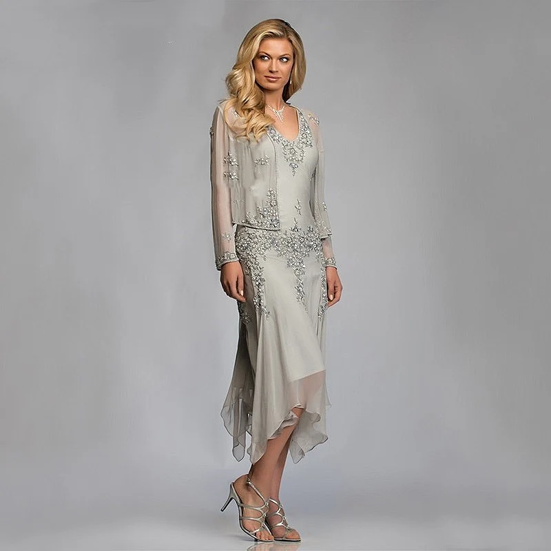 Grau Chiffon Mutter der Braut Kleider Elegante Spitze Appliqued Langarm Bräutigam Kleider Mit Jacke 2 Stück Plus Größe hochzeit