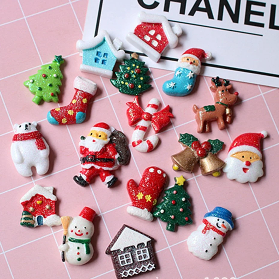 

100pcs/lot Glitter Christmas tree snowman 3D resin patch for diy fridge magnet phone hair accessories wholesale