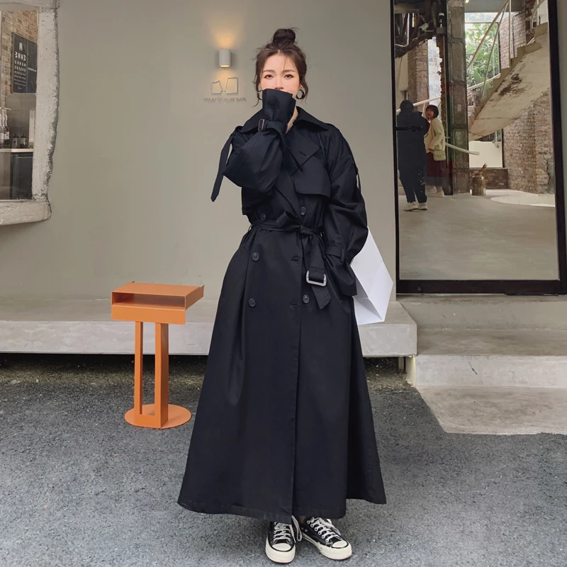 Double Breasted Black Long Windbreaker Women British Style Loose Bandage Maxi Trench Coat Female Elegant Jacket Coat