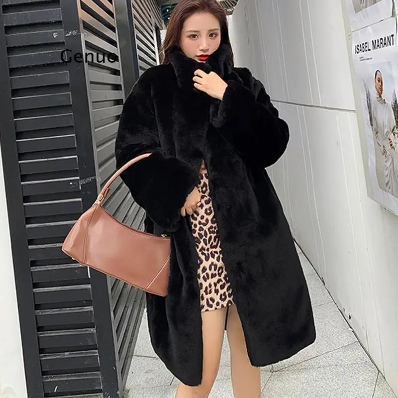 Faux-Fur Pink Midi Long Coat Winter Warm Solid Overcoat Women New Fashion Casual Ladies Long Sleeve Fur Coats