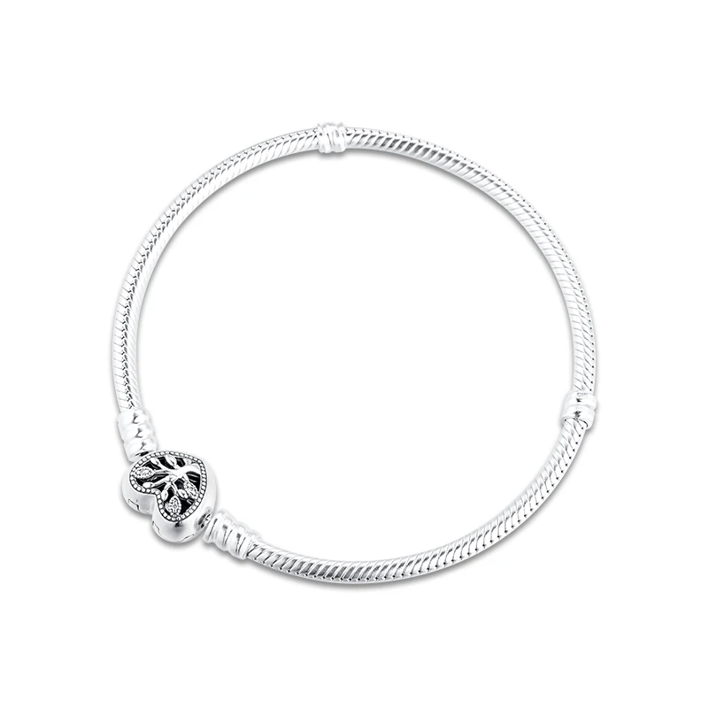 Moments Family Tree Heart Clasp Snake Chain Bracelets For Woman DIY Beads & Charms Sterling Silver Fashion Jewelry Bracelets