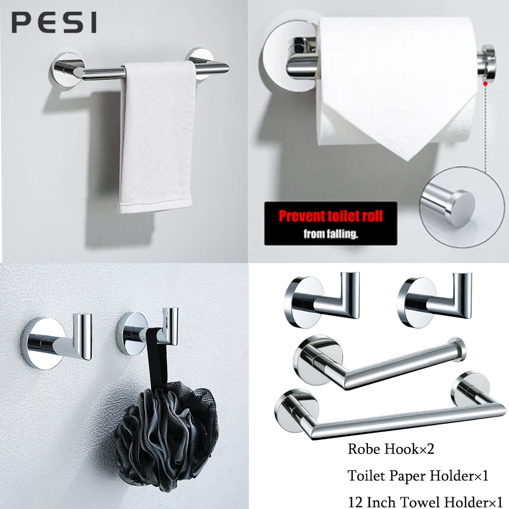 Wall Mounted Bathroom Accessories Sets Robe Hook Towel Bar Rail Rack Shelf Toilet Paper Towel Holder 304 Stainless Steel  Chrome