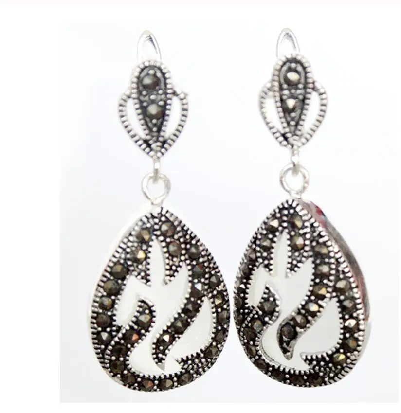 

Hot Sell 11/2" late trend 925 Silver & Marcasite inlay white opal Waterdrop Earrings