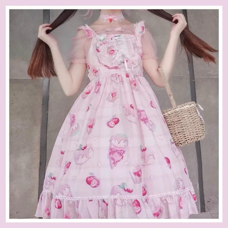 Cherry Print Lolita jsk Spaghetti Strap Dress Mori Girl Cos Loli Tea Party Kawaii Princess Vintage Court Dress