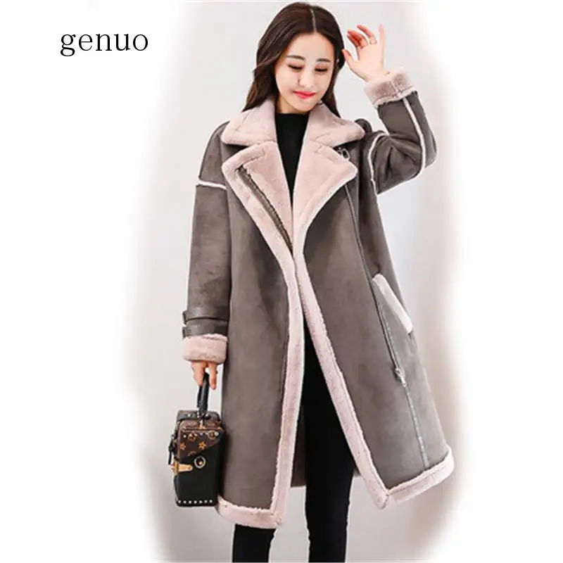 2020 Winter Female Suede Leather Jacket Women Long Deerskin Wool Motorcycle Jacket Thick Lambs Wool Warm Zip Parka Coat