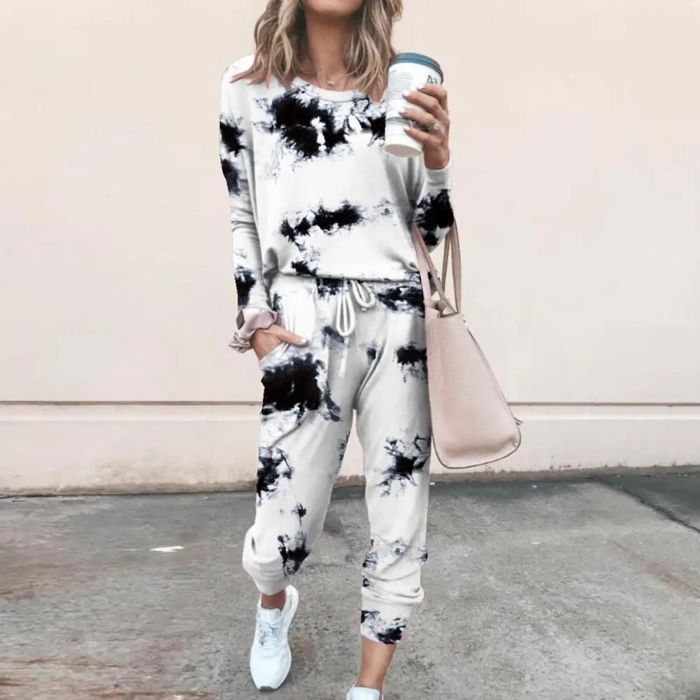 2 sztuk Loungewear kobiety zestaw piżamy Tie Dye Jogger garnitur z długim rękawem wokół szyi spodnie piżamy Loungewear piżamy kobiety HomeWear