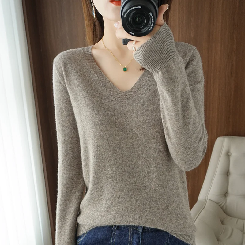 Autumn Winter New Wool Sweater Woman V-Neck Solid Color Pullover Lace collar Casual Knitted Tops Female Bottoming Sweater