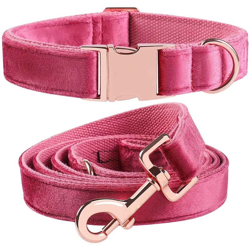 Unique Style Paws Velvet Dog Cat Collar Hot Pink Adjustable Collar and Leash Set