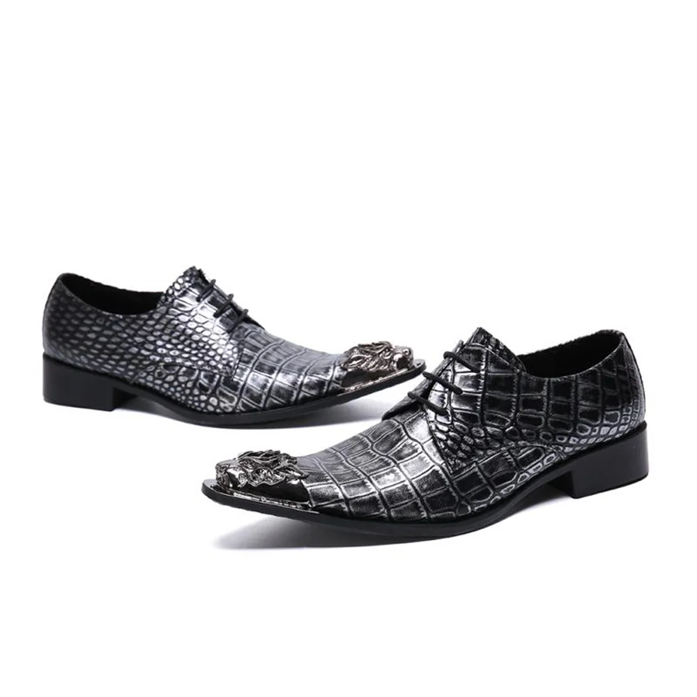 

Big Size 46 Men Dress Shoes Metal Steel Toe Oxfords Shoes Black Crocodile Pattern Lace Up Leather Formal Shoes