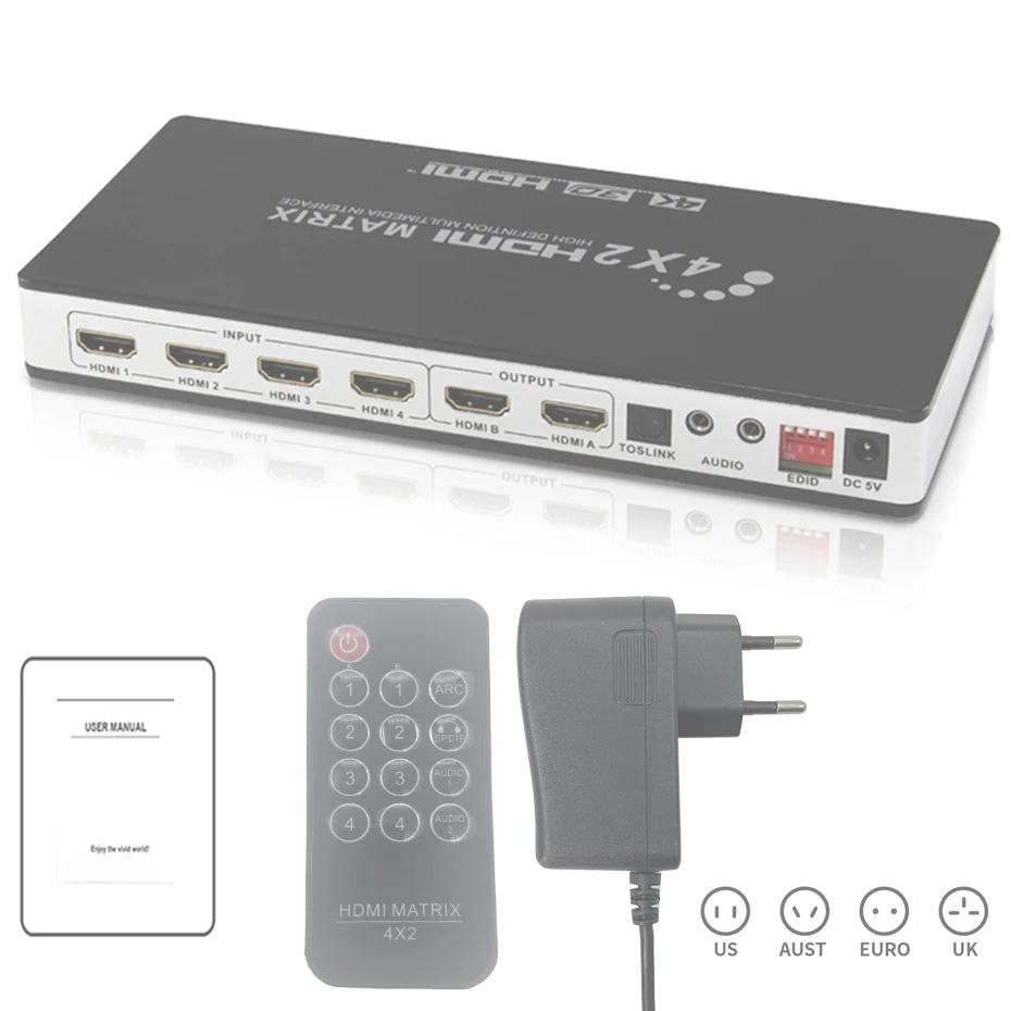 HDMI Matrix 4X2 Switch Splitter with toslink&stereo audio 4kX2K/30HZ Supported