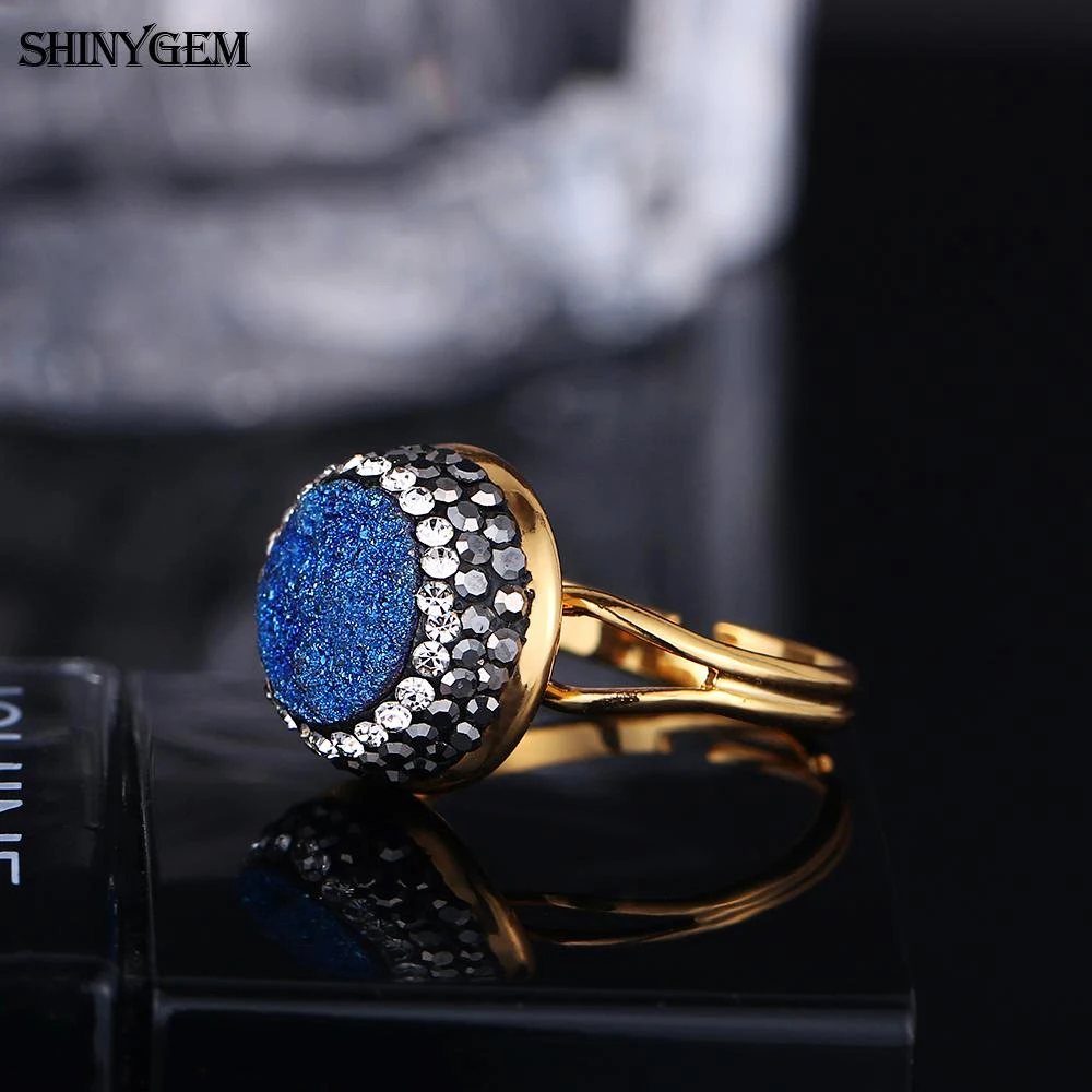 ShinyGem Fashion 14mm Round Crystal Druzy Stone Rings Micro Inlay Zircon Charm Sparkling Adjustable Rings For Women Wedding