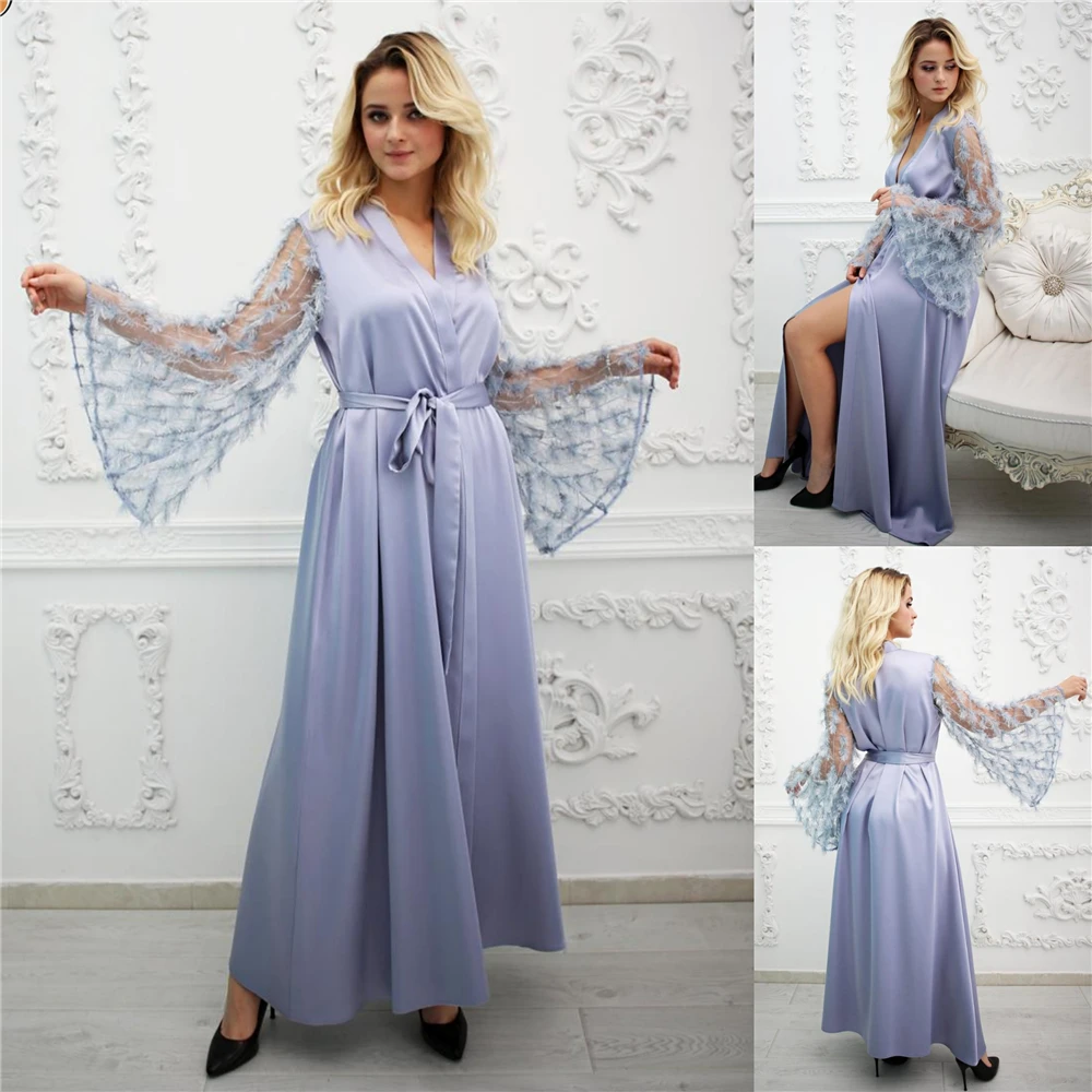 Robe De Mariée Women Bathrobe Ankle Length Custom Made Sleepwear Satin with Feathers Sleeves Nightgown Long Robe