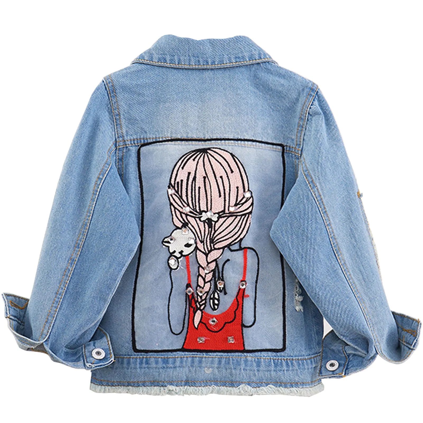 Girls Denim Jacket Sequins Cute Girls Back Decal Lapel Multi-Pocket Cowboy Coat 3-12T Tassels Outerwear for Spring Autumn