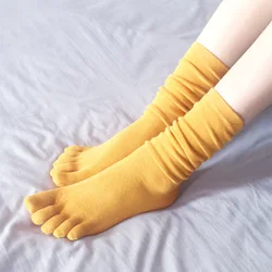 Puro algodão cinco toe meias femininas sólido cinco dedo engraçado meias amarelo respirável curto toe sox macio mid-tube chaussette femme