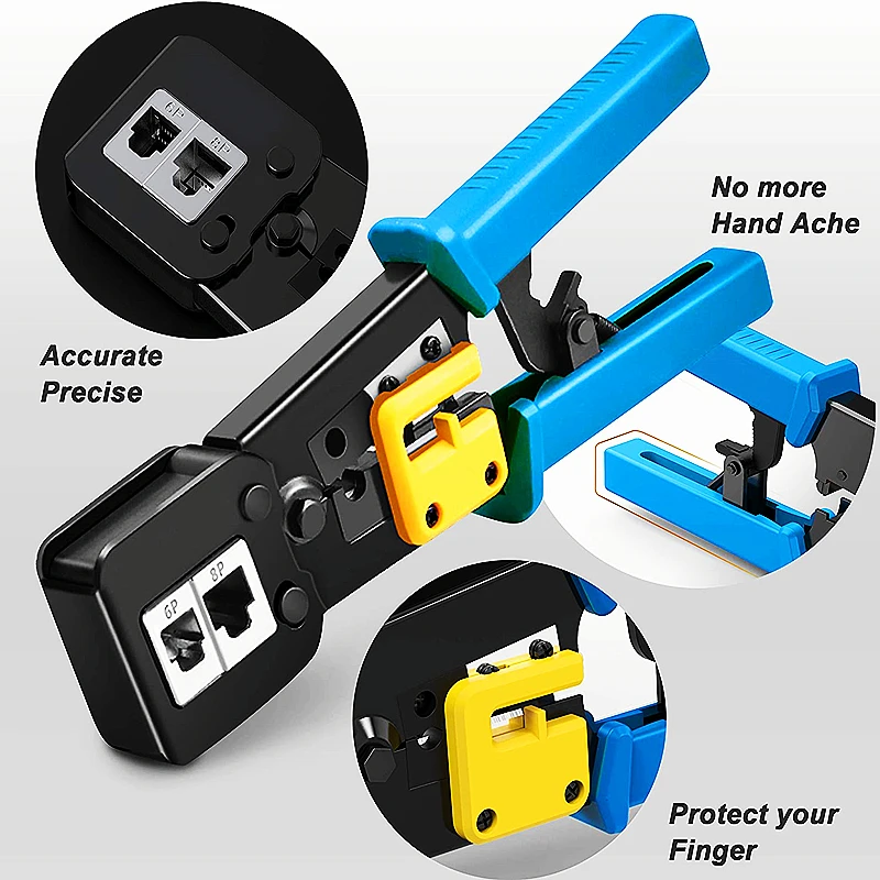 HTOC RJ45 Crimp Tool Pass Through Cat5 Cat5e Cat6 Crimping Tool For RJ45/RJ11 Regular And End-Pass-Through Connectors