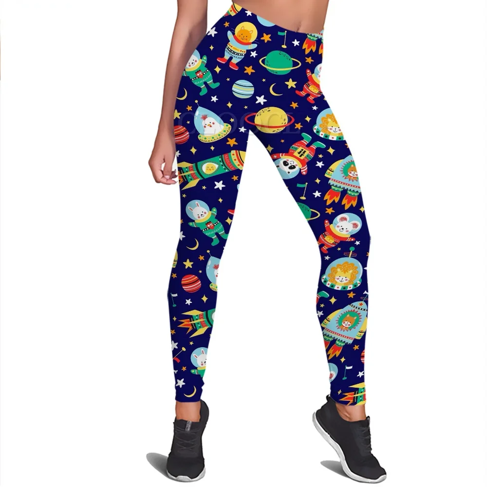 CLOOCL Damesleggings Grappige astronauten en buitenaardse print Hoge taille Elasticiteitslegging Dames voor indoor Push-up trainingsbroek