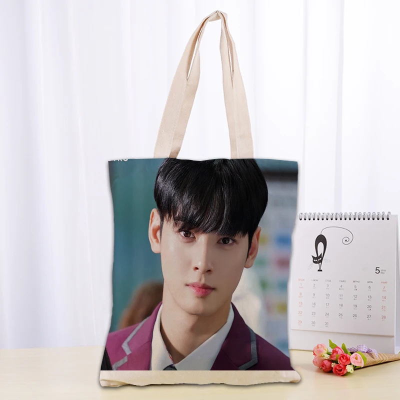 KPOP Cha EunWoo bolso de mano de tela de lona para mujer, bolsas de compras reutilizables ecológicas, bolso de hombro útil informal para viajar en