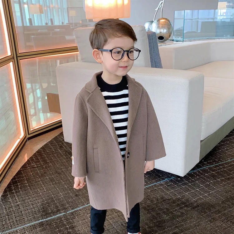 Baby Boy Girl Woolen Jacket Long Double Breasted Infant Toddle Lapel Tweed Coat Spring Fall Winter Baby Outwear Clothes 1-12Y