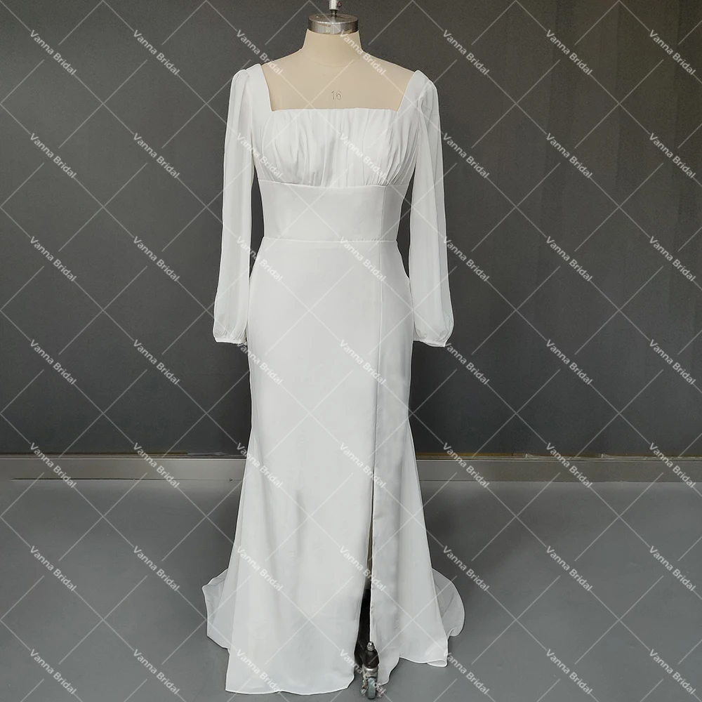 Pescoço quadrado chiffon vestido de casamento minimalista sem costas zíper mangas compridas alta divisão feito sob encomenda mais tamanho vestidos de noiva sereia