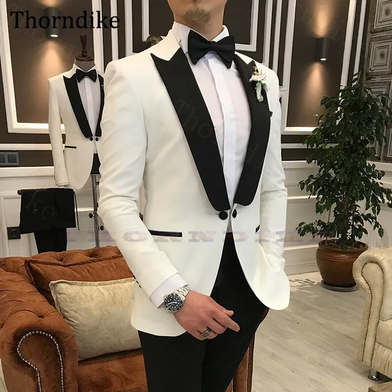 

Thorndike 2021 Groom Tuxedos, Custom Made Peaked Lapel White Wedding Dress Suit Set, Blazers With Trousers, Terno Masculino 2Pcs