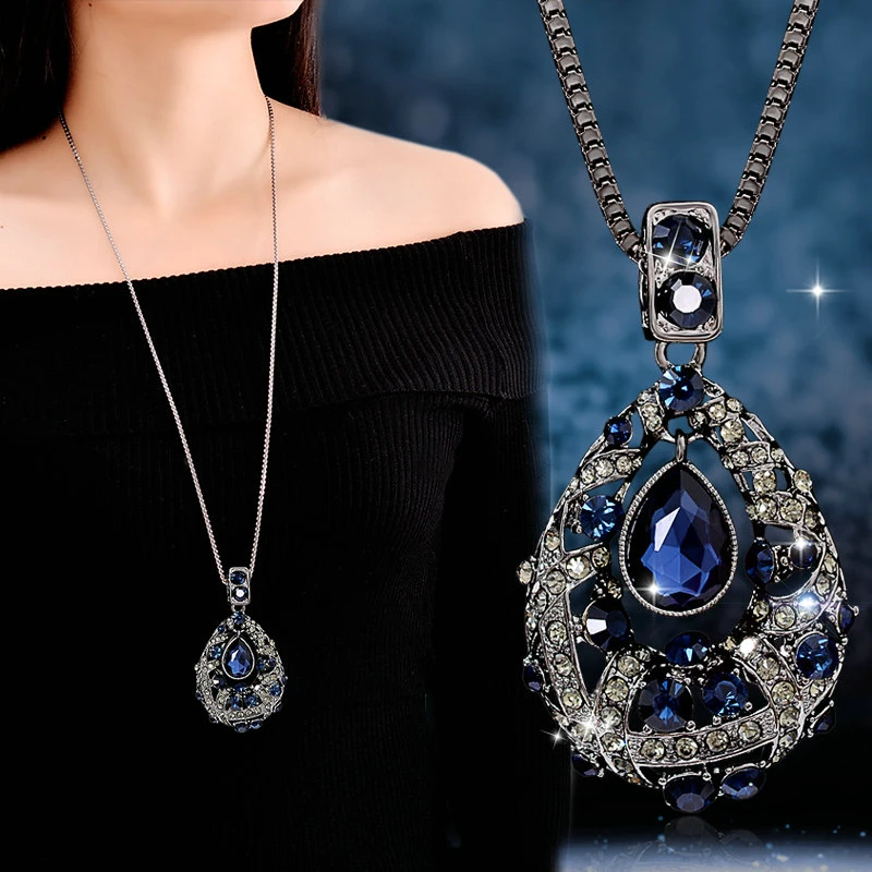 Vintage Long Sweater Chain Necklaces For Women Antique  Crystal Water Drop Pendants & Necklaces Female New Fashion Jewelry