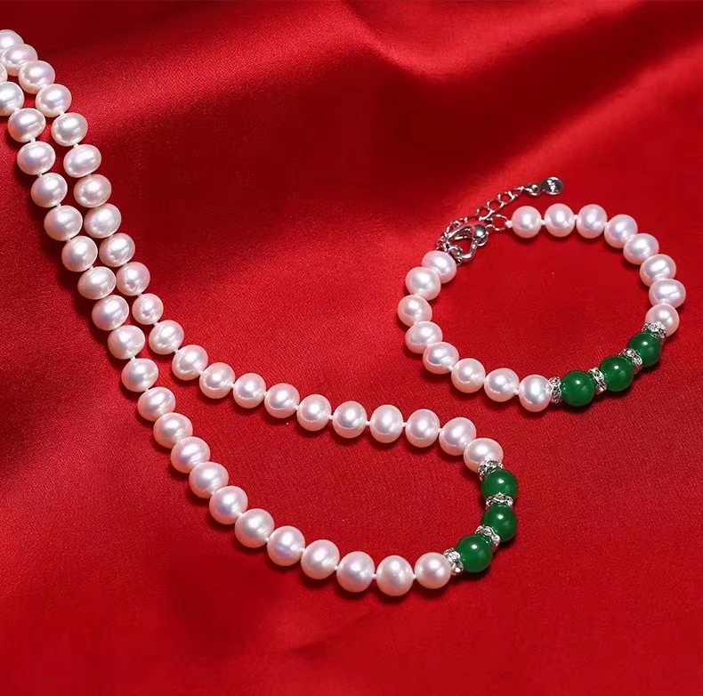 

Koraba Pure Hand-woven 10-11mm Natural Freshwater Pearl Necklace with Green Jade Bracelet SetNecklace Mother Jewelry Gift Box