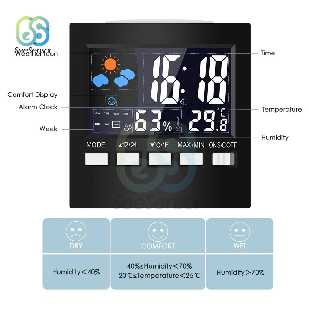 Voice Control LCD Screen Digital Thermometer Hygrometer Temperature Humidity Monitor Alarm Clock Calendar with Backlight