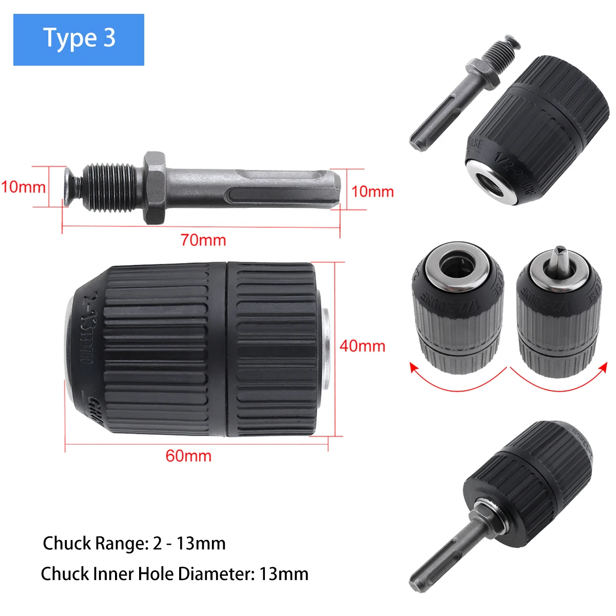 Mini Keyless Drill Bit Chuck Adapter Converter Air Electric Cordless 1/32-3/8 in 24 UNF 0.8-10mm 2-13mm Quick Change