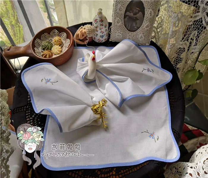 Blue edging hand-embroidered white square napkin napkin cloth cover fold flower mouth cloth