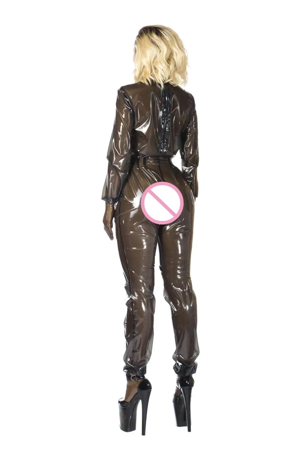 Women's clear black suits including long sleeve tops and ankle-tied leggings made of 0.4mm thickness natural latex materials