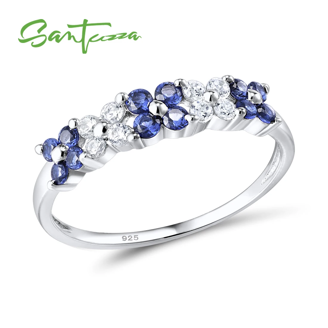 SANTUZZA 925 Sterling Silver Ring For Women Shiny Created Ruby Green Spinel Blue Cubic Zirconia Elegant Flowers Party Jewelry