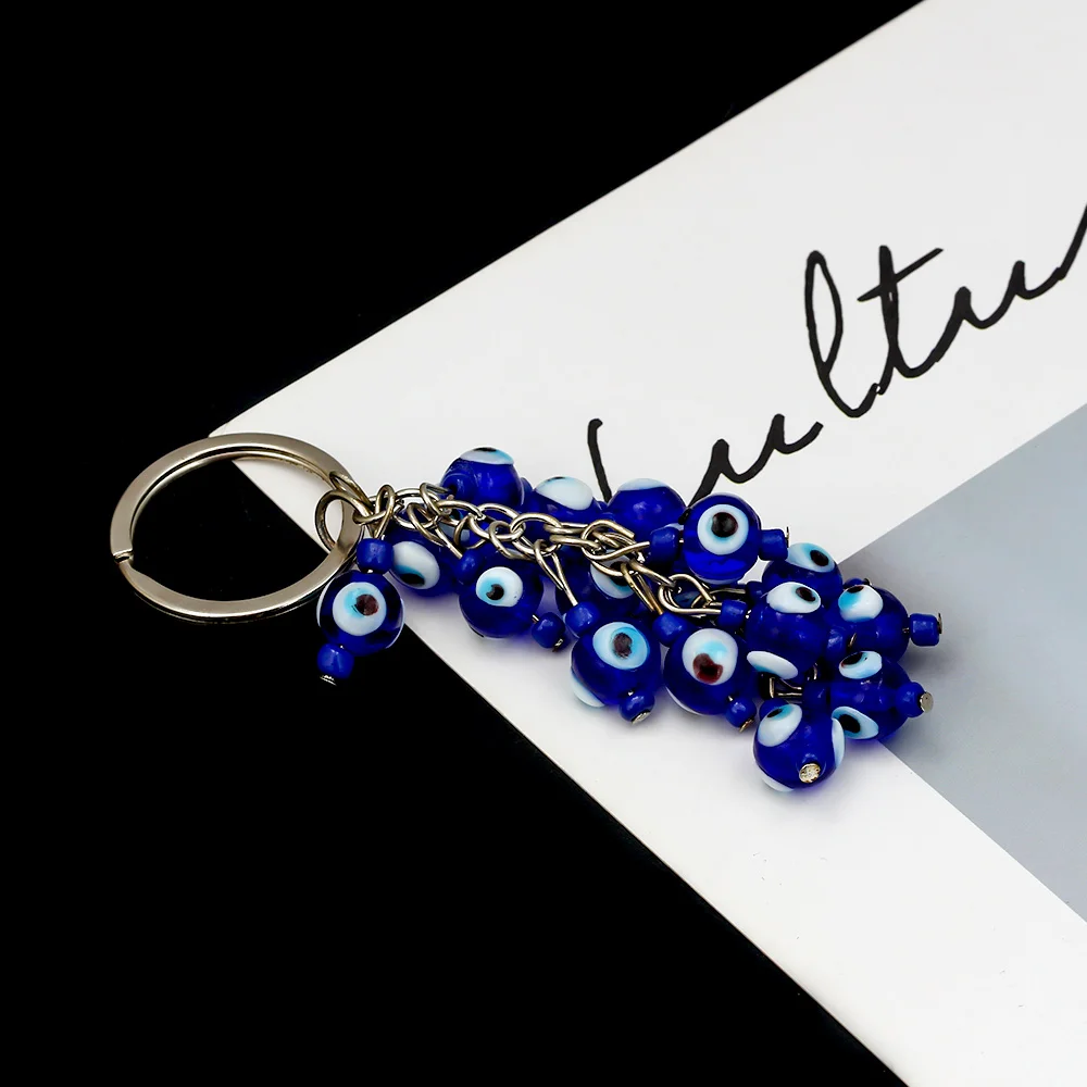 Lucky Eye Blue Beads keychain Round Bead Tassel Evil Eye keychains For Woman Man Jewelry Car Key Chain SE105