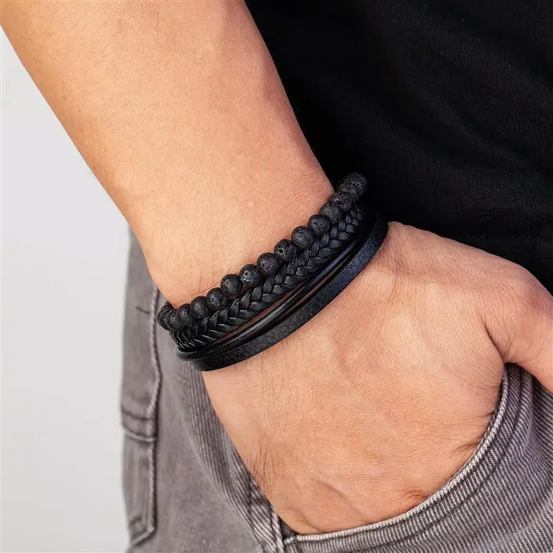 Fashion Volcanic Stone Beaded Mutilayer Leather Bracelet for Men Charm Stainless Steel Magnetic Clasp Wrap Bangle New Year Gift
