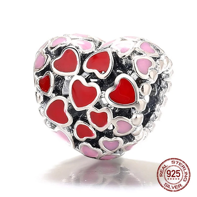 

New 925 Sterling Pink Enamel Openwork Heart Charm Fit Original Pandora Charm Bracelets Necklace For Women DIY Jewelry