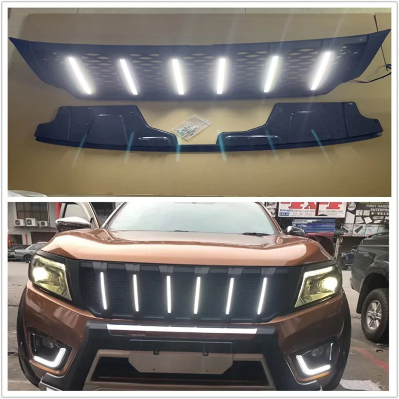 FRONT RACING GRILLS BUMPERS MASK GILL WITH LED DRL  ACCESSORIES ABS MATTE BLACKG RILLE FIT FOR NISSAN NAVAR NP300 2015-2017 CAR