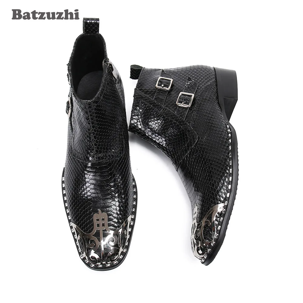 

Batzuzhi Special Metal Toe Genuine Leather Ankle Boots Men Western Cool Men's Boots Shoes Buckle Zip Botas Hombre, Big Size 6-12