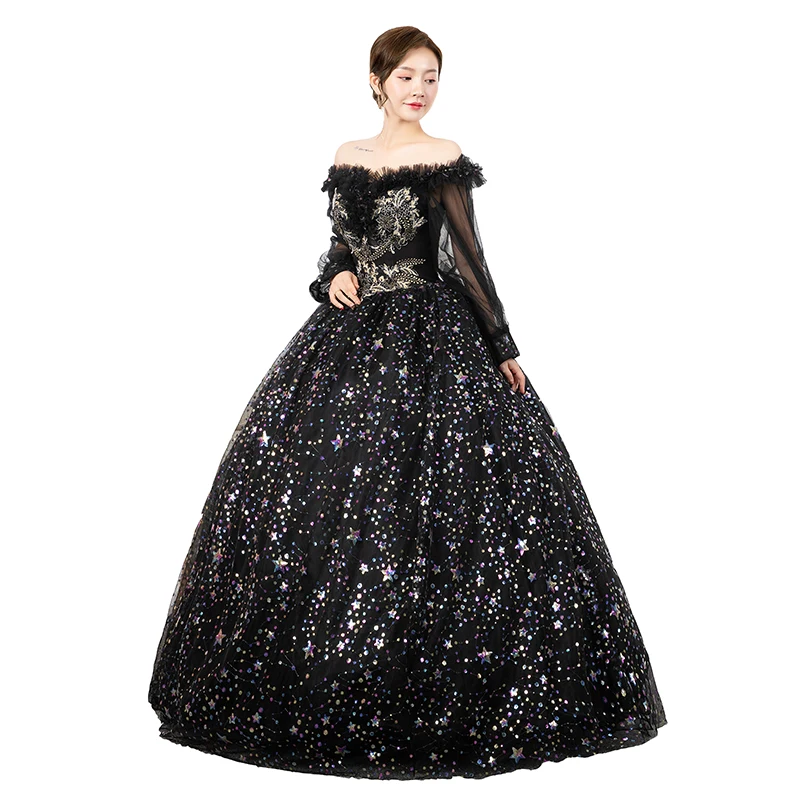 freeship long sleeve star sequined slash ruffled court ball gown royal Medieval Renaissance Victorian dress Belle ball