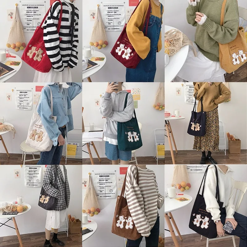 Canvas Handbag with Cute Bears Shopper Bags for Women Large Capacity Bag Solid Color Shoulder Bag