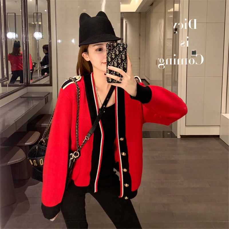 Contrasting Color Knitted Cardigan Women Loose Lazy Casual Red Sweater Coat V-neck Striped 2023 Autumn Winter Pockets Female