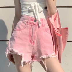 QOERLIN Women's Pink Denim Shorts Ripped High Waist Shorts Female Sexy Summer Beach Hot Pants Chic Streetwear Women Clothing