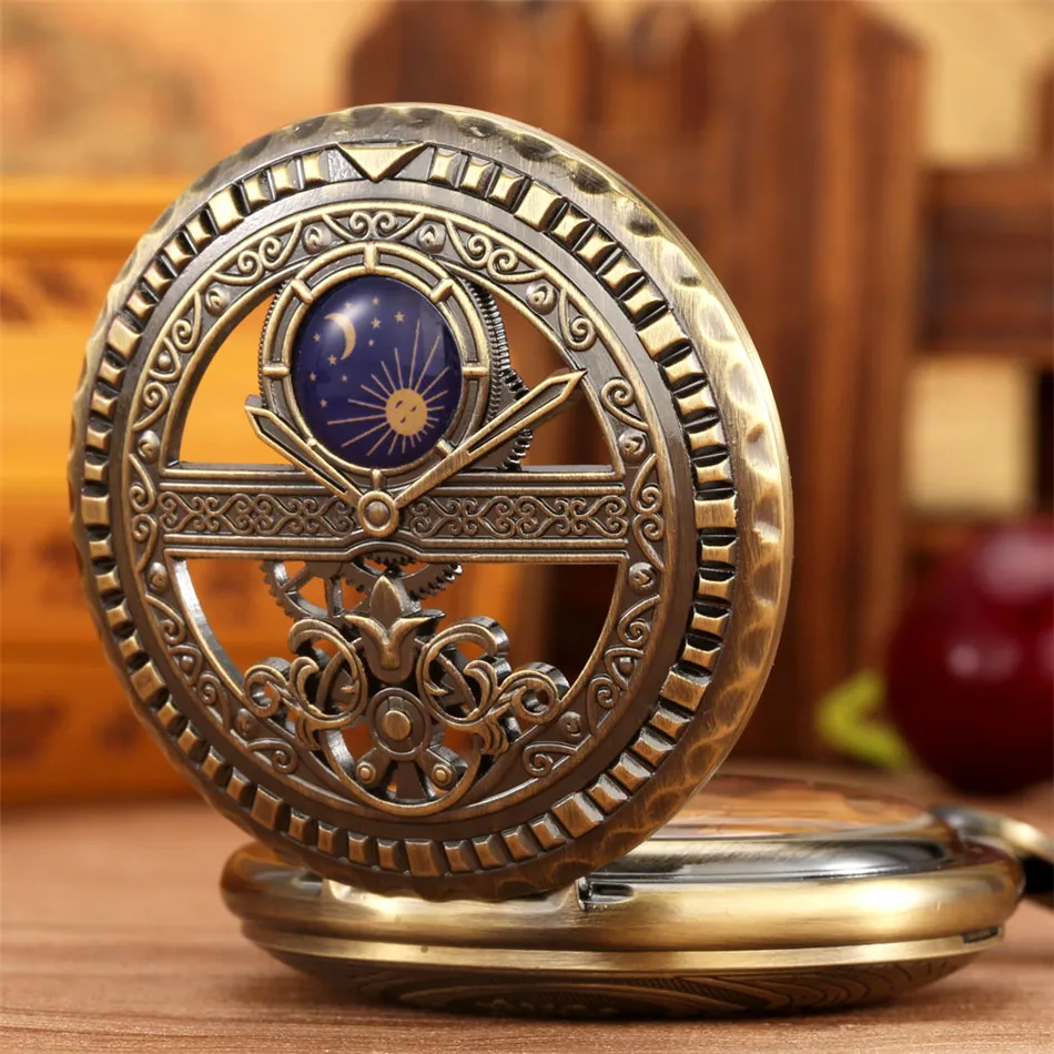 Bronze Mechanical Pocket Watch Moon Sun Phase Decorative Engraved Antique Hand-Winding Pendant Pocket Clock New 2021 Gift