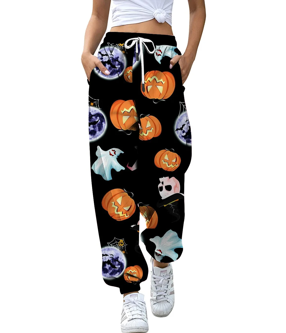 Drawstring Casual Nine Pants Pumpkin Halloween Print Bottom Sweatpants Pockets High Waist Sporty Gym Athletic Fit Jogger Pants