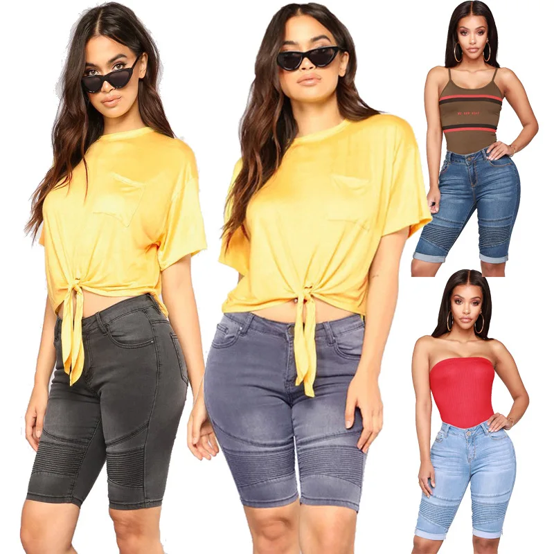 

2020 New Arrival Woman Biker Jeans Fashion Skinny Summer Knee Length Shorts Denim Jeans High Stretch Mid Pants Top Quality S-2XL