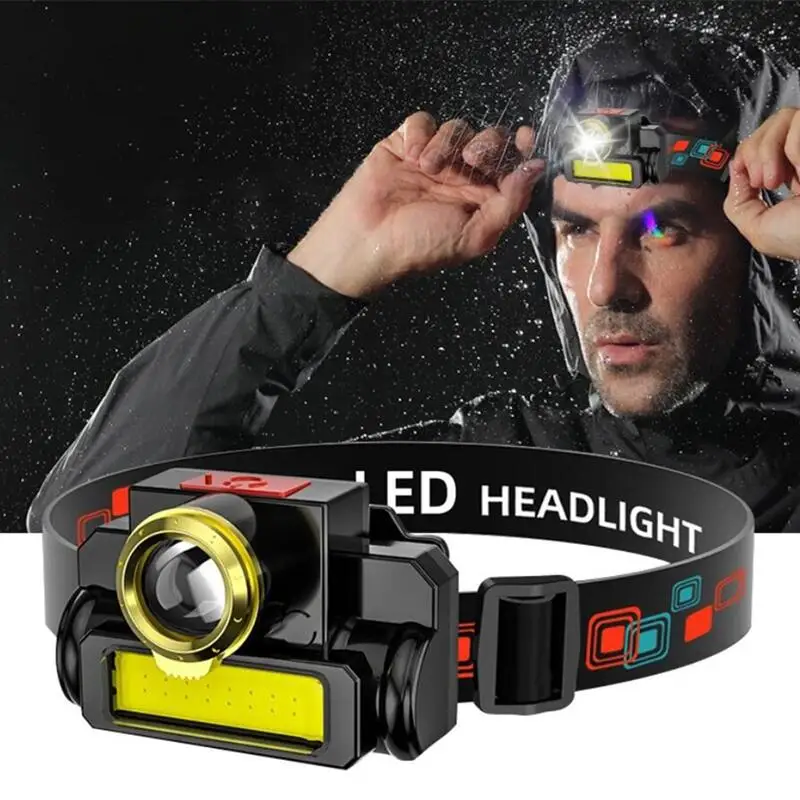 ZOOM Headlamp Portable Mini Flashlight lantern XPE+COB LED Headlamp + 1* Built-in 1200Ma 18650 Battery Outdoor camping headlight