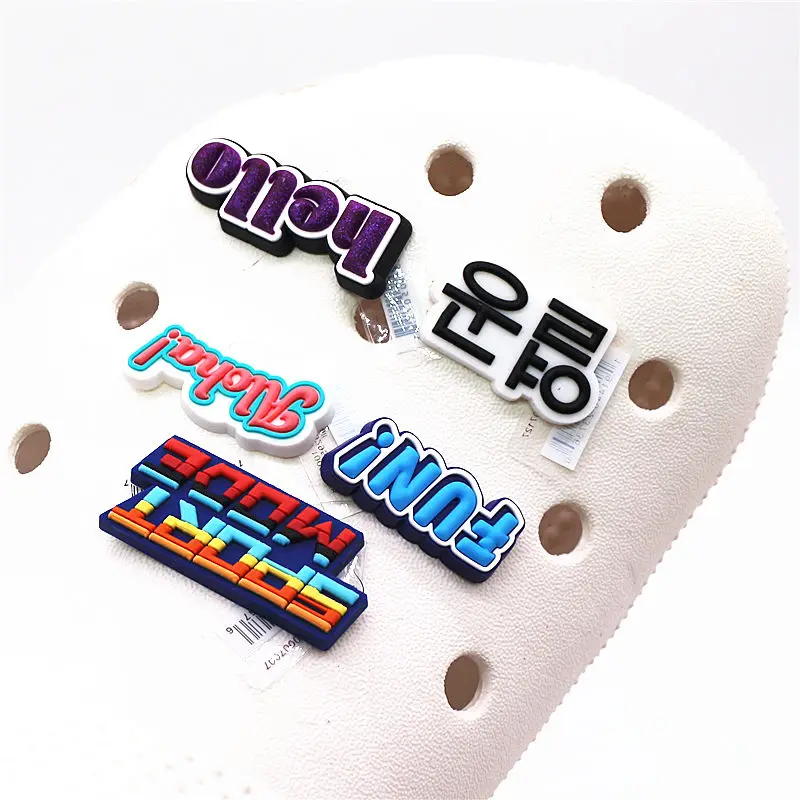 1 Pcs Original PVC Shoe Upper Charms Accessories Word Aloha Hello Fun Designer Shoe Buckle Decorations for Kids X-mas Party Gift