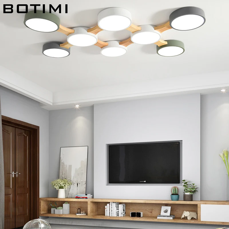 BOTIMI 220V LED Ceiling Lights With Round Metal Lampshade For Living Room Modern Surface Mounted Ceiling Light Wood Bedroom Lamp