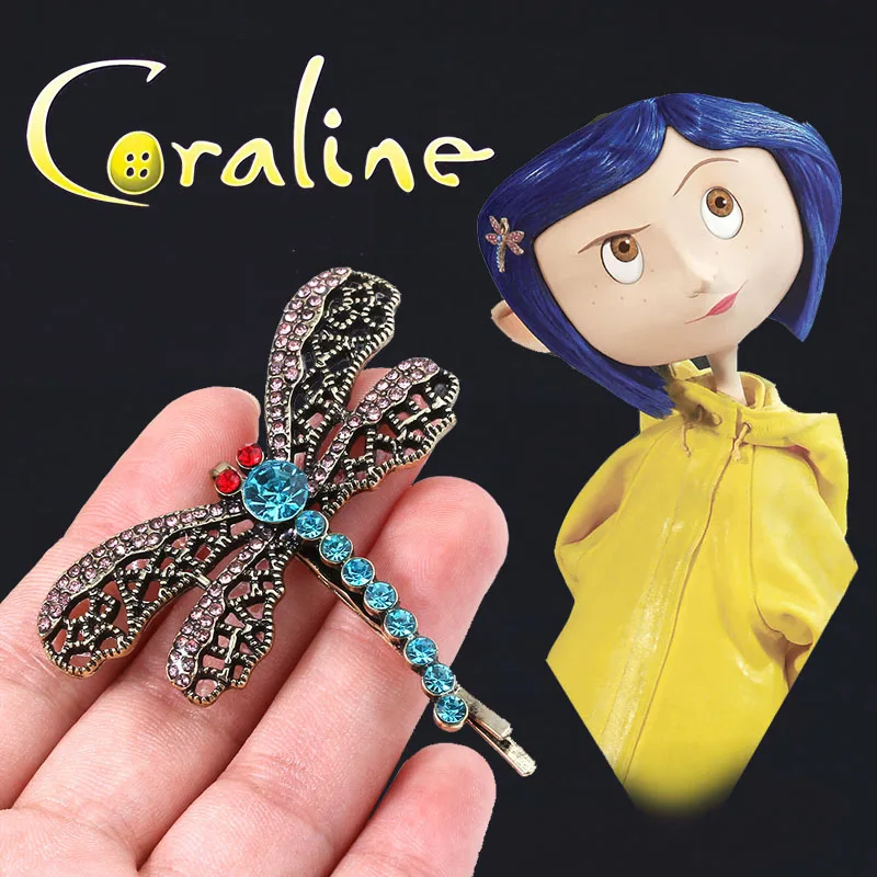 Horror Movie Coraline Crystal Dragonfly Hair Clip Brooch For Girls Cute Animal Hairpin Jewelry Halloween gifts