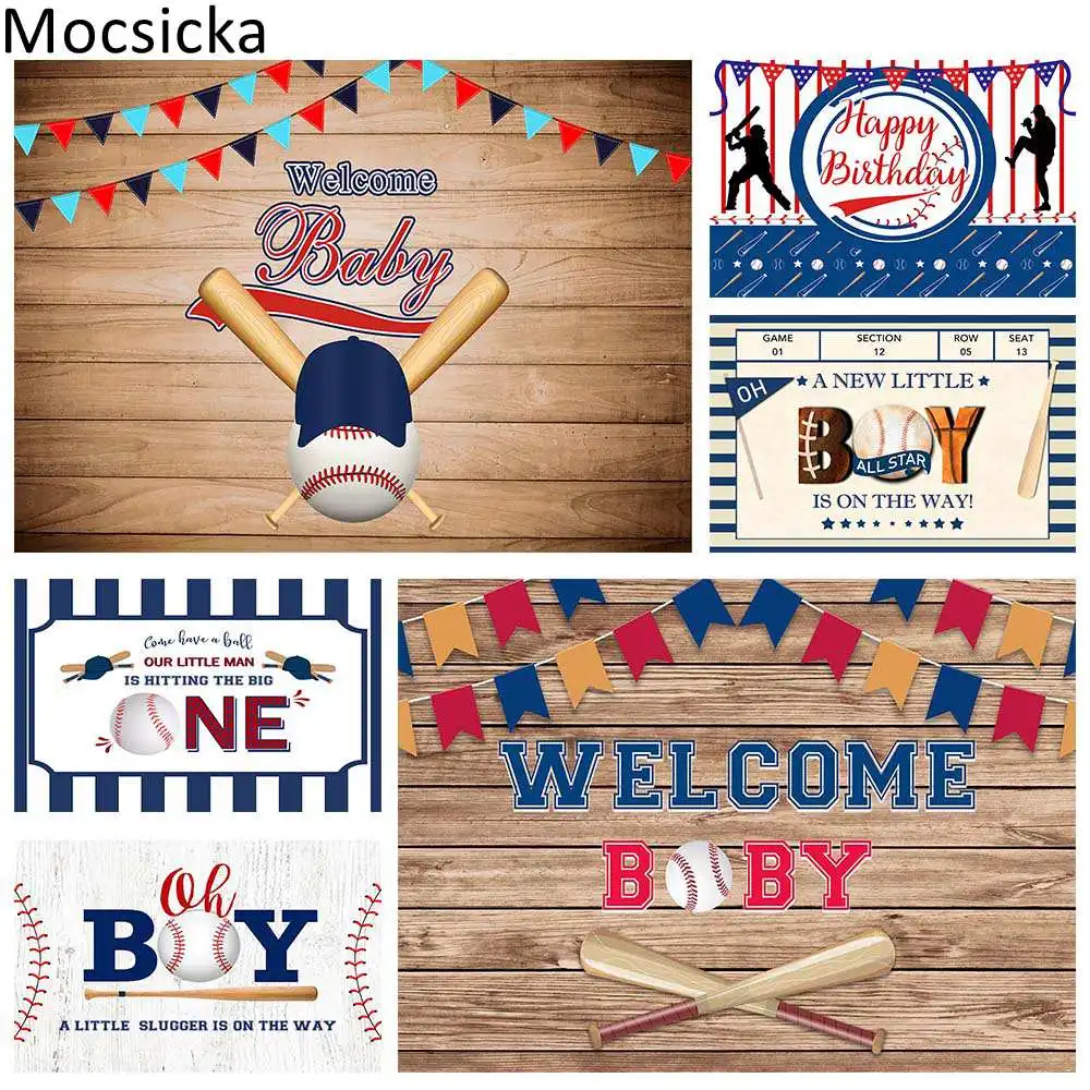 

Mocsicka Baseball Theme Newborn Baby Shower Wood Backdrop Kids 1st One Birthday Party Photo Background Decoration Banner Props