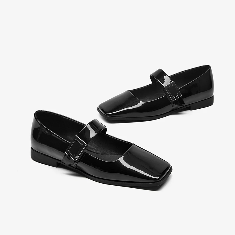 BeauToday Lolita Shoes Women Patent Leather Square Toe Hook Loop Closure Buckle Decoration Slip On Lady Girls Flats 28233