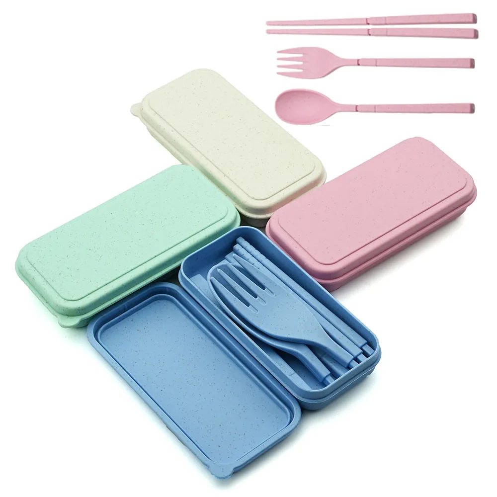 3pcs/4pcs Portable Foldable Wheat Straw Travel Cutlery Dinnerware Tableware Set With Box Camping Chopstick Fork Spoon Dinner set